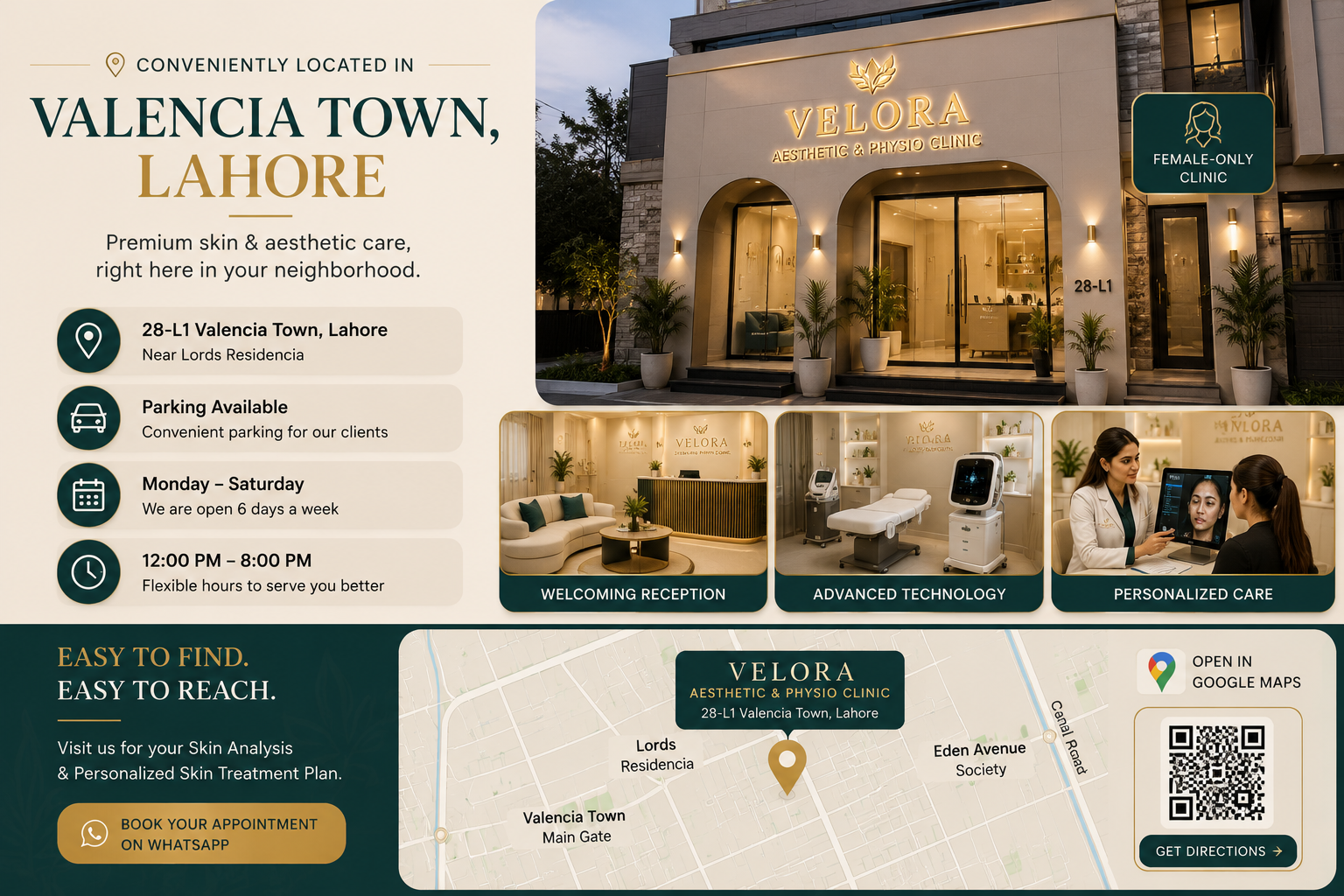 VELORA Aesthetic and Physio Clinic location in Valencia Town Lahore