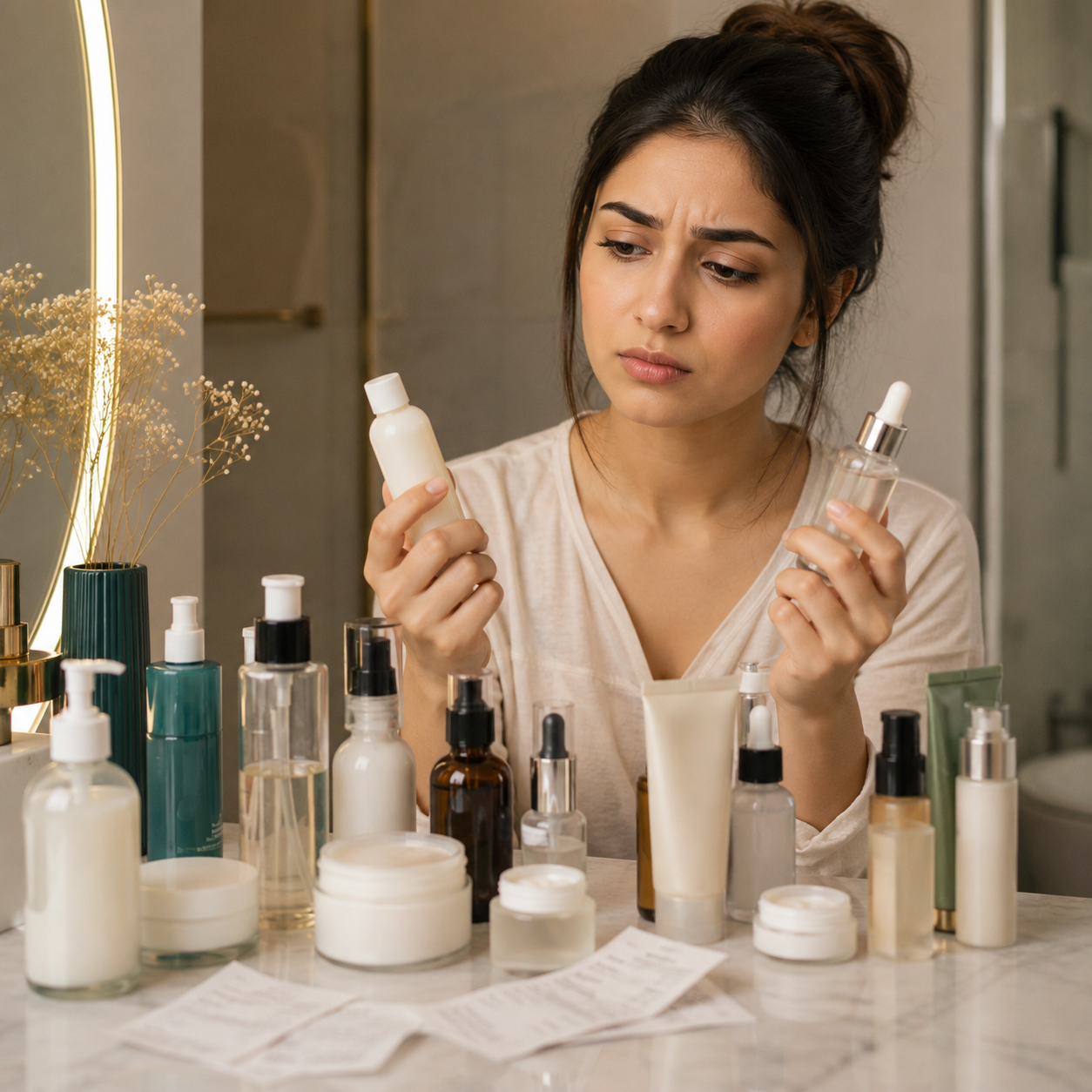 Woman confused between multiple skincare products after repeated trial and error