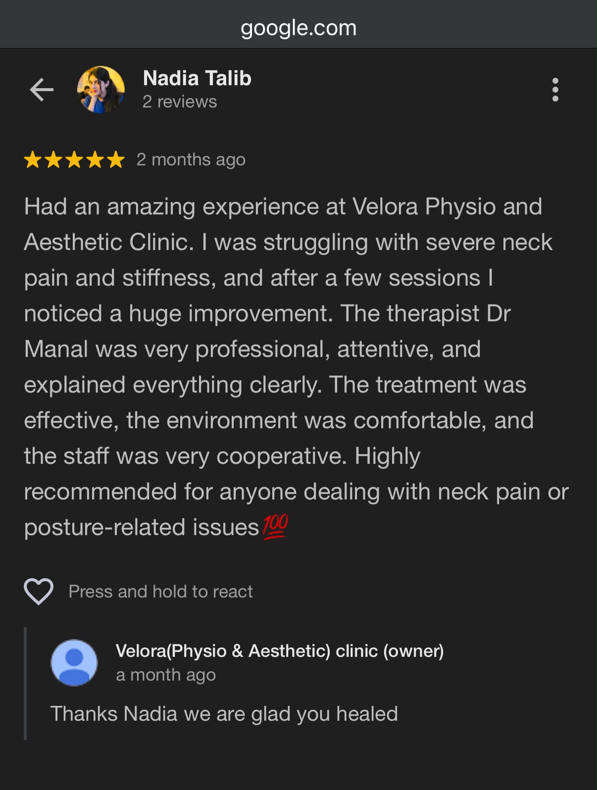 Google review from Nadia Talib: 5 stars — Dr Manal was very professional, attentive, and explained everything clearly.