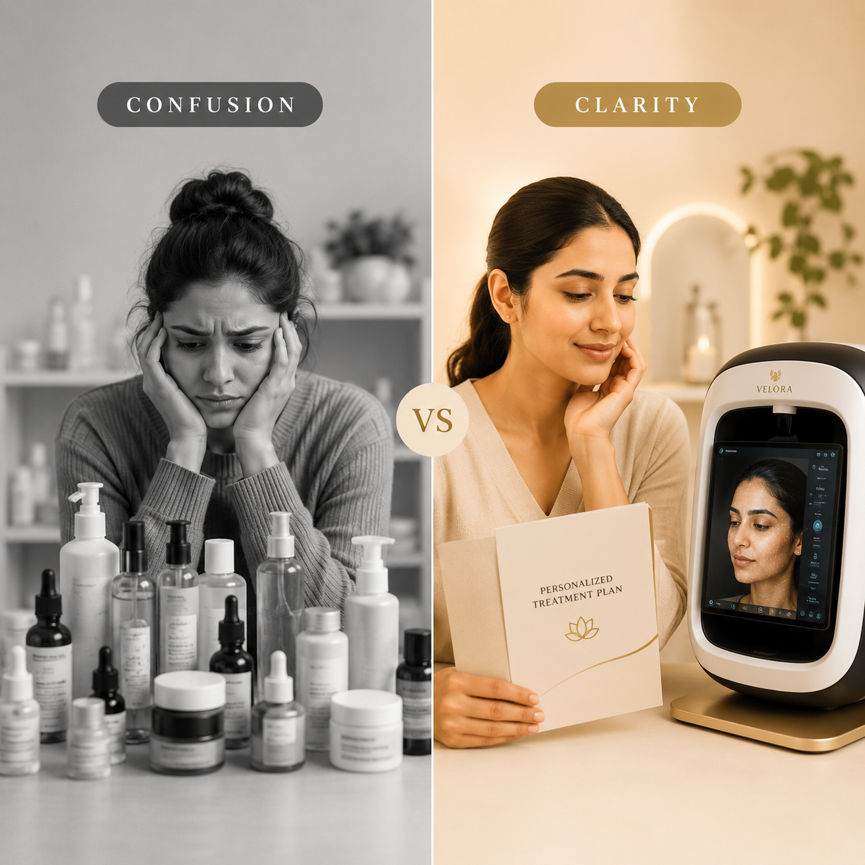 Comparison between skincare confusion and personalized skin and hair assessment clarity