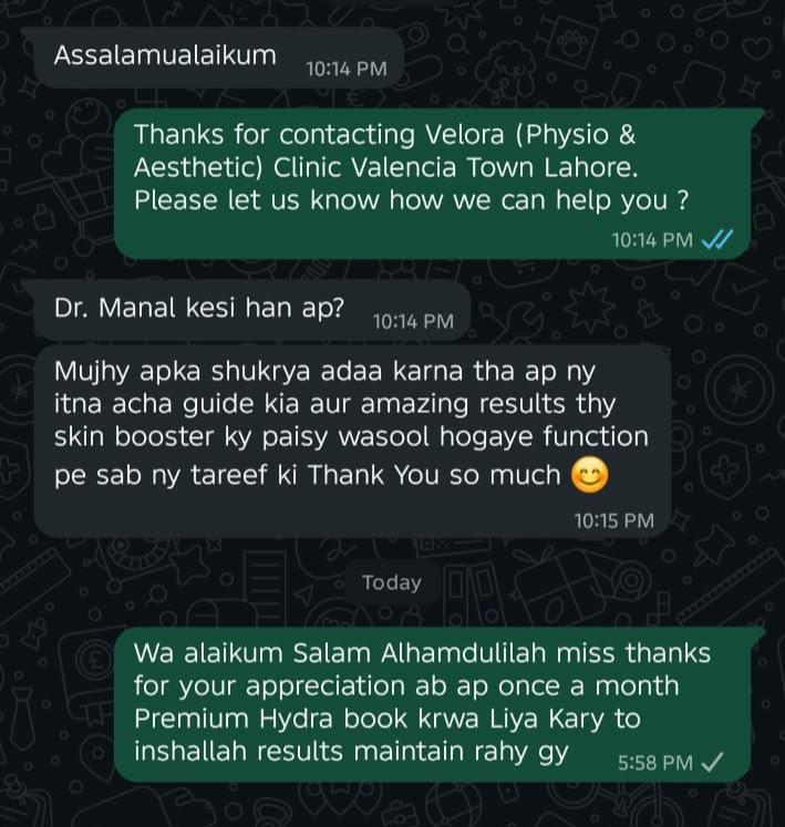 WhatsApp message from a VELORA client thanking Dr Manal for guidance after a skin booster treatment.