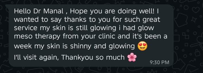 WhatsApp message from a VELORA client sharing that their skin is glowing after glow meso therapy at the clinic.